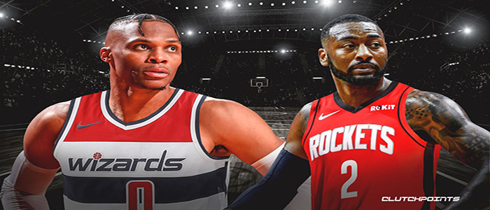 John Wall and Russell Westbrook in traded team uniforms