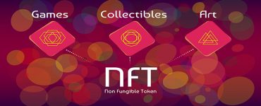 NFT non fungible tokens infographics on colorful abstract background. Pay for unique collectibles in games or art.