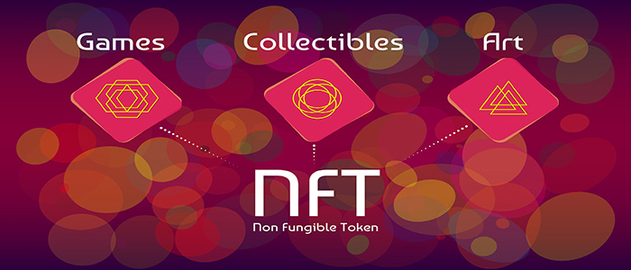 NFT non fungible tokens infographics on colorful abstract background. Pay for unique collectibles in games or art.