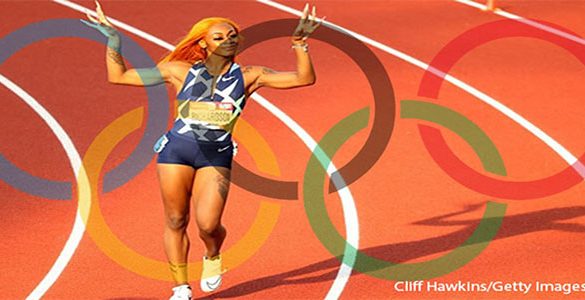 Sha’Carri Richardson: known for her long nails and her colorful hair on the field is a Black-American track and field sprinter superimposed against Olympic Rings