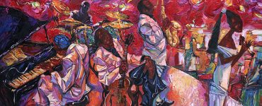 singer, jazz club, saxophonist, jazz band, oil painting, artist Roman Nogin, series "Sounds of Jazz."