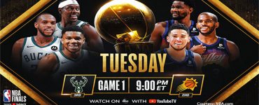 NBA Finals image with stars from both teams and NBA trophy as backdrop